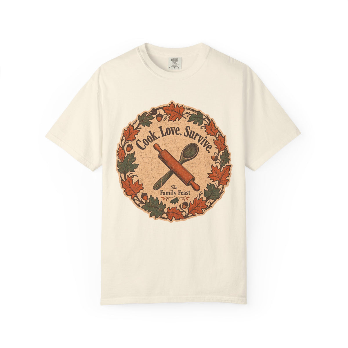 Cook Love Survive T-shirt in Ivory, front view