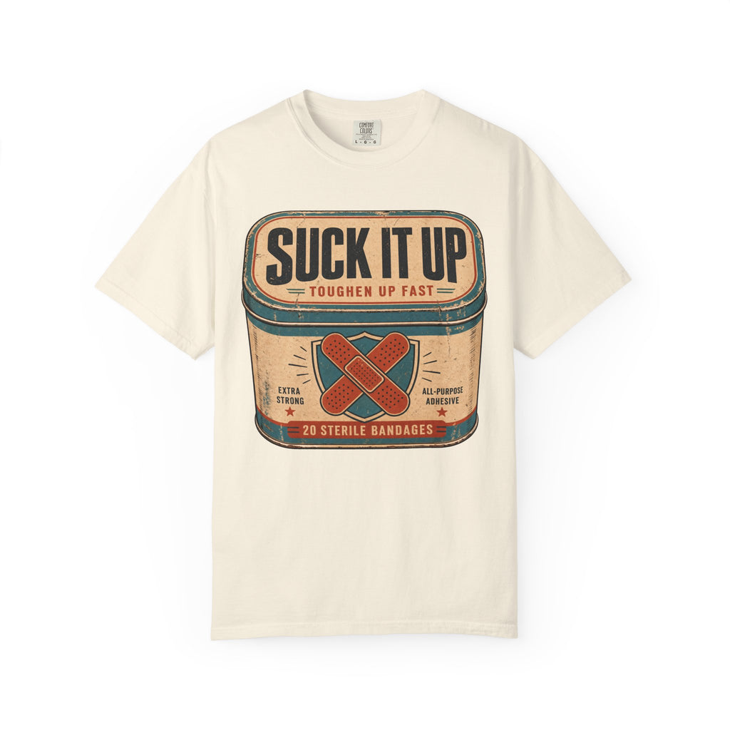 Suck It Up Bandage Tin T-shirt in Ivory, front view
