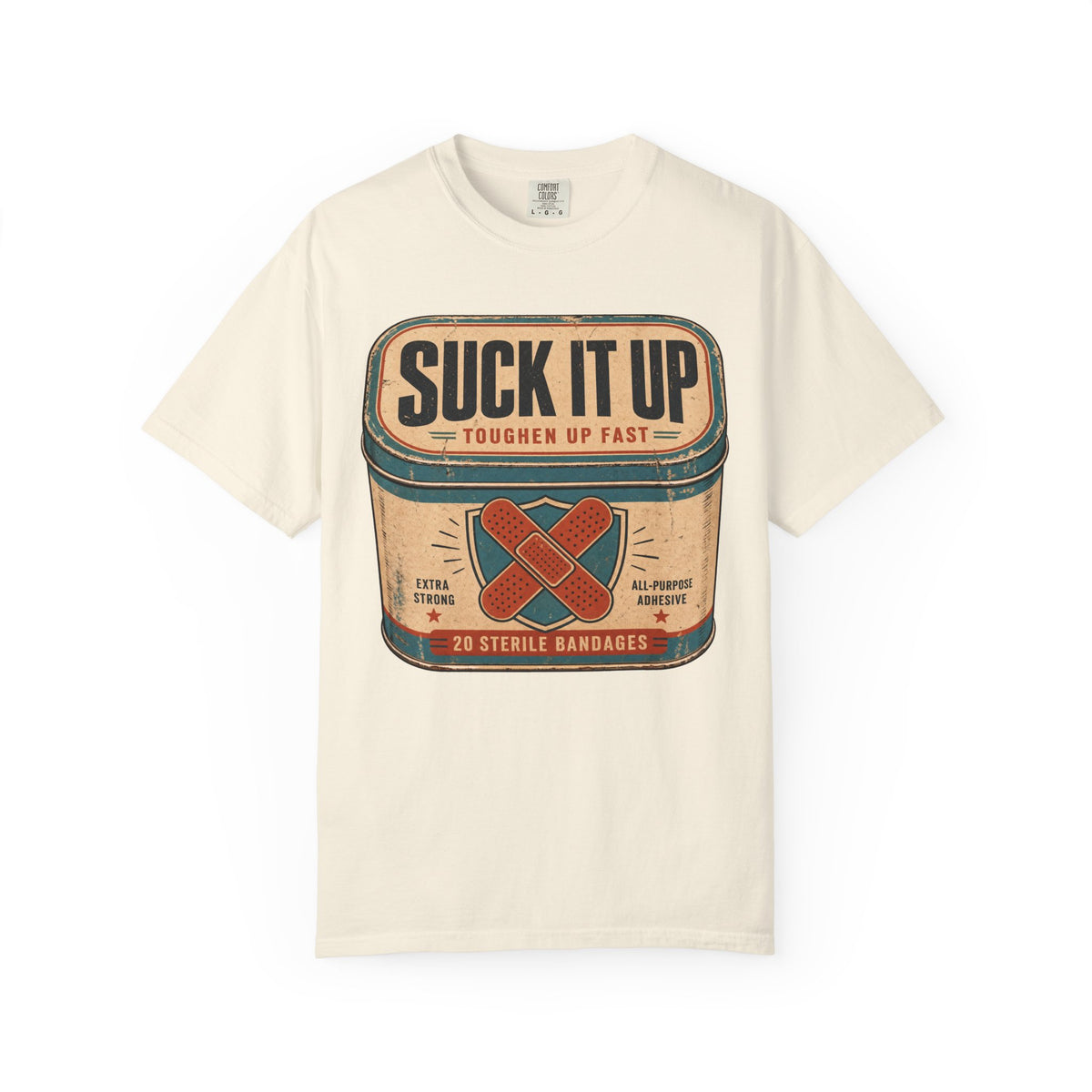 Suck It Up Bandage Tin T-shirt in Ivory, front view