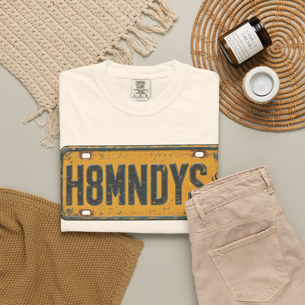 Hate Mondays License Plate T-shirt in Ivory, flat lay view