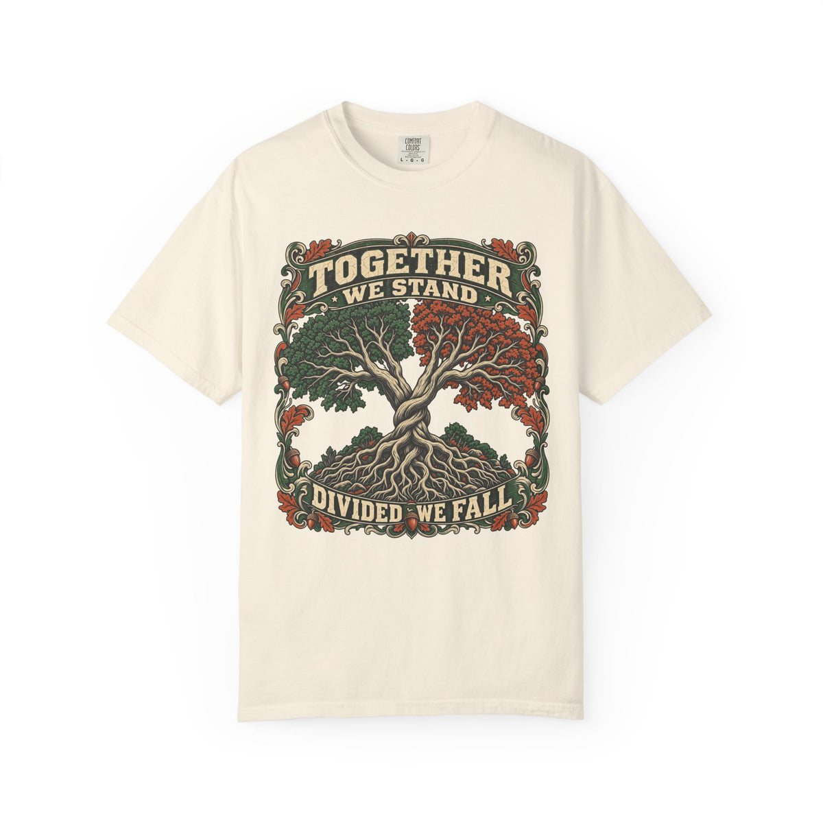 Together We Stand Divided We Fall Tree T-shirt in Ivory, front view