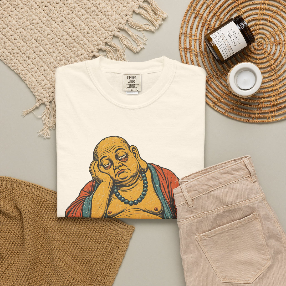 Tired Buddha T-shirt in Ivory, flat lay view