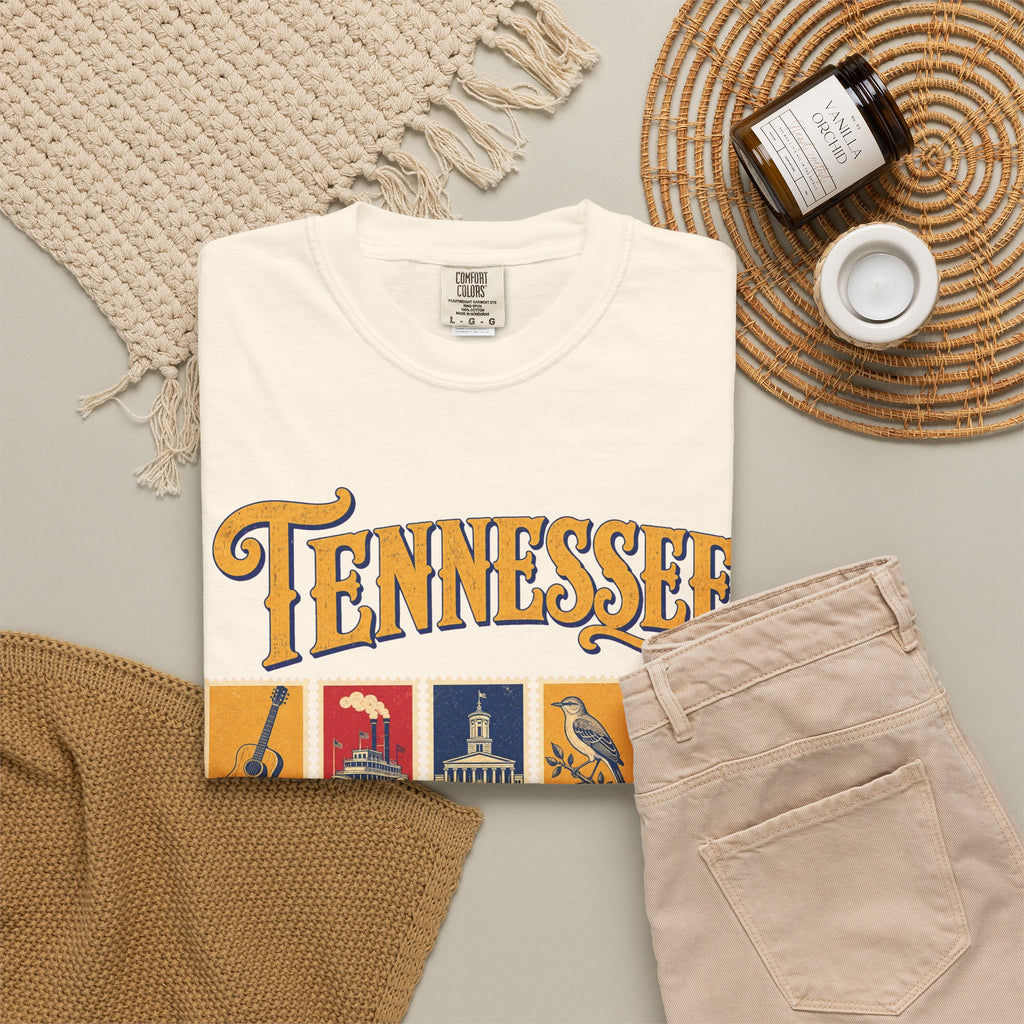 Tennessee Postage Stamp T-shirt in Ivory, flat lay view
