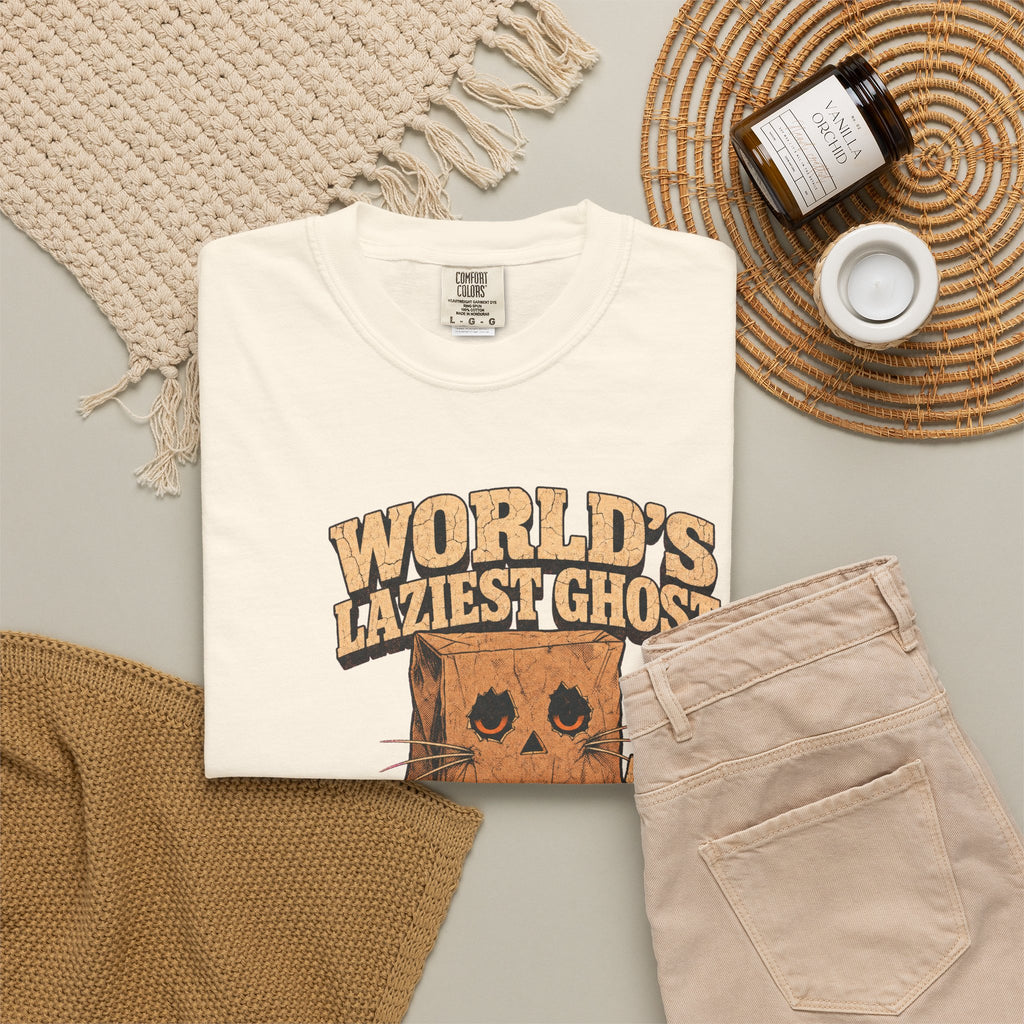 World's Laziest Ghost T-shirt in Ivory, flat lay view