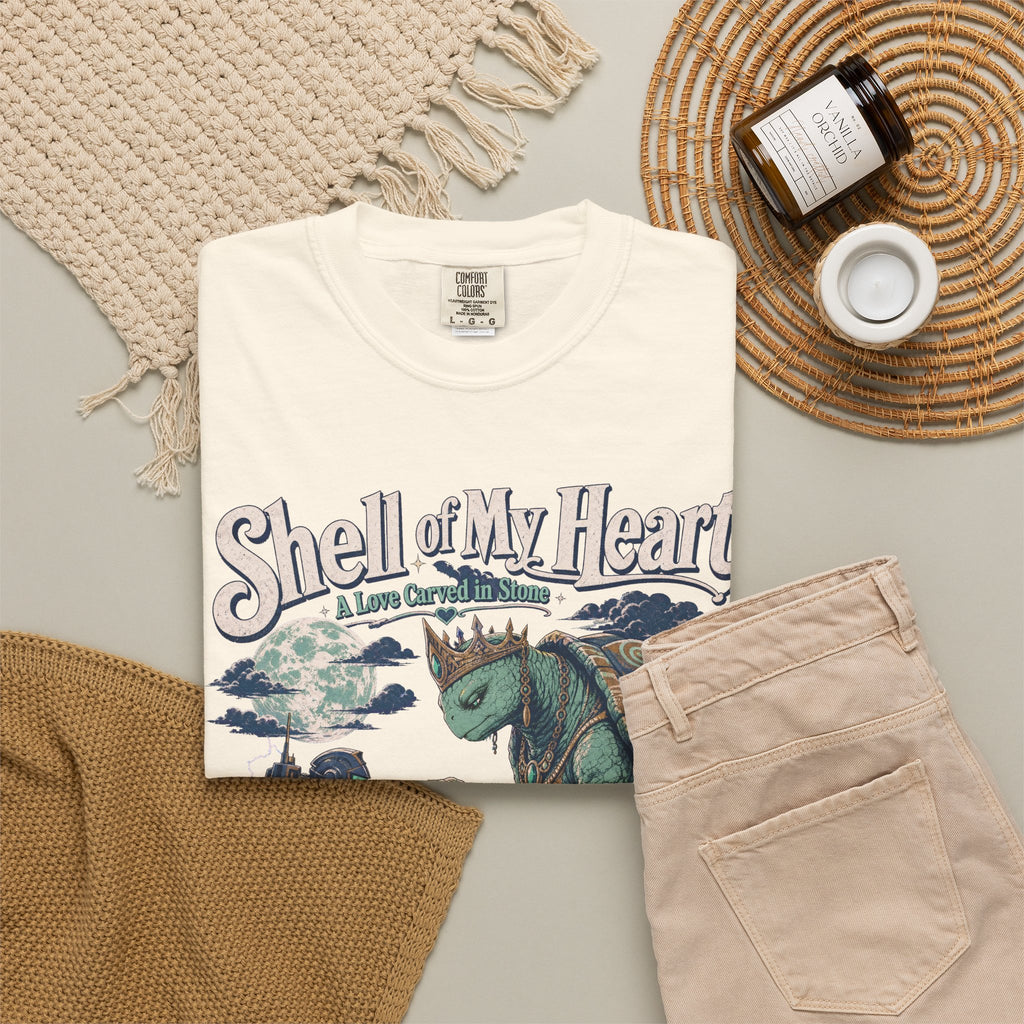 Shell of My Heart Kaiju Romance Novel T-shirt in Ivory, flat lay view