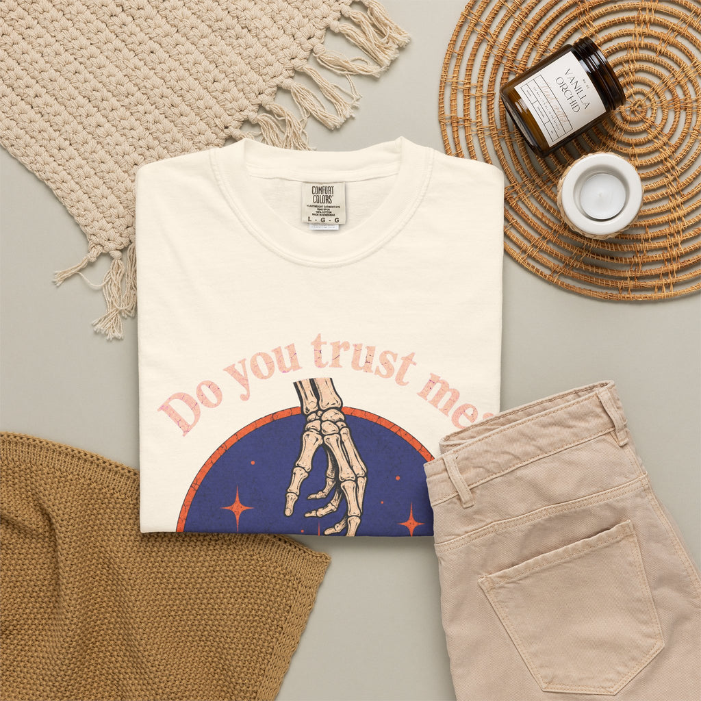 Do You Trust Me Skeleton Hands T-shirt in Ivory, flat lay view
