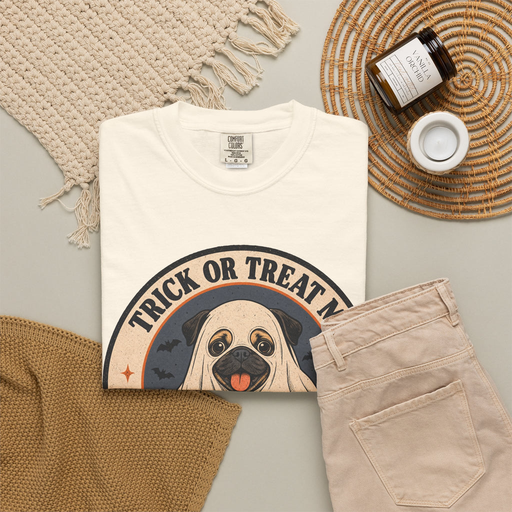 Trick or Treat Me T-shirt in Ivory, flat lay view