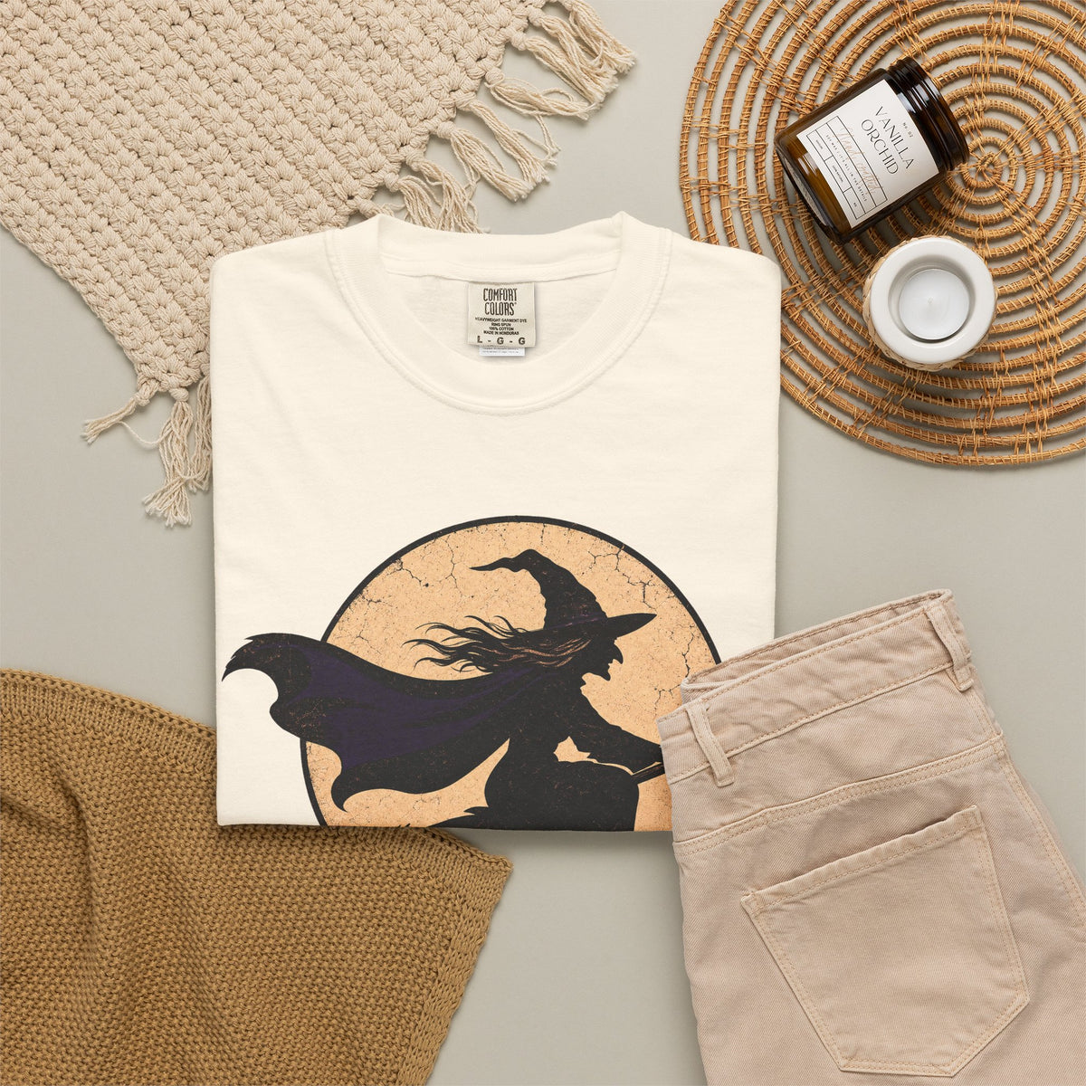 Happy Halloween Witch Silhouette T-shirt in Ivory, flat lay view