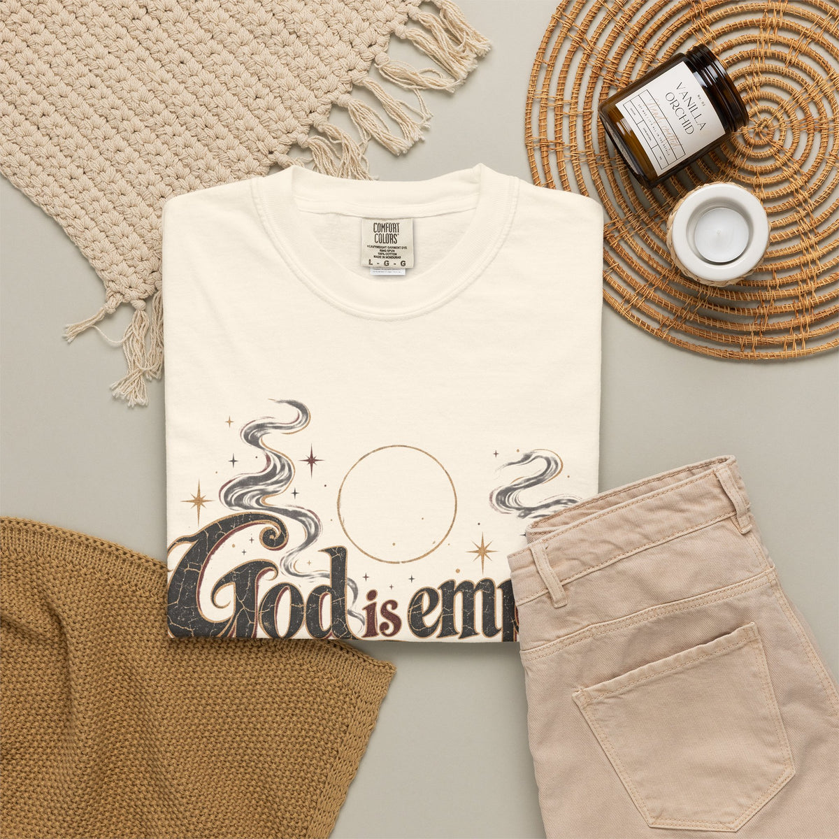 God Is Empty Just Like Me T-shirt in Ivory, flat lay view