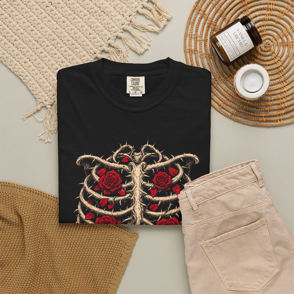 Thorny Vine Ribcage T-shirt in Black, flat lay view