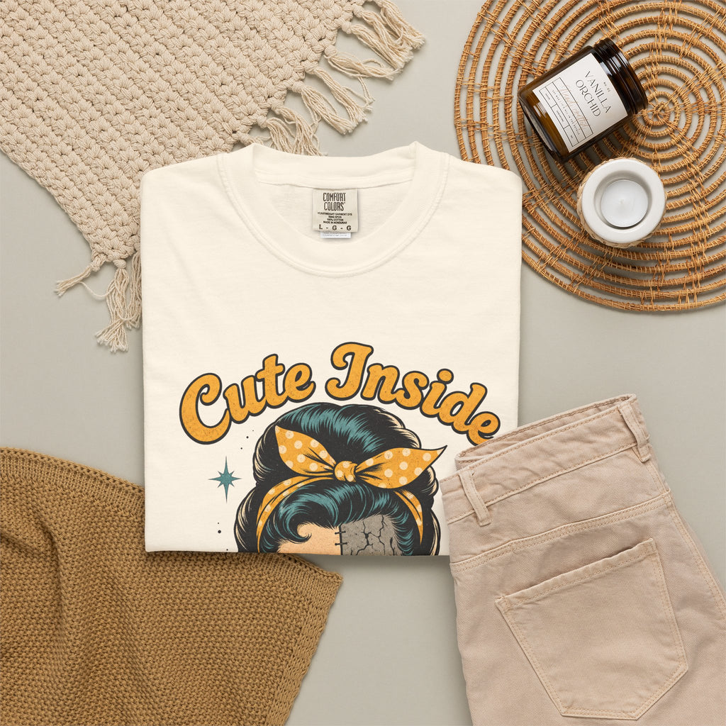 Cute Inside Dead Outside Zombie T-shirt in Ivory, flat lay view