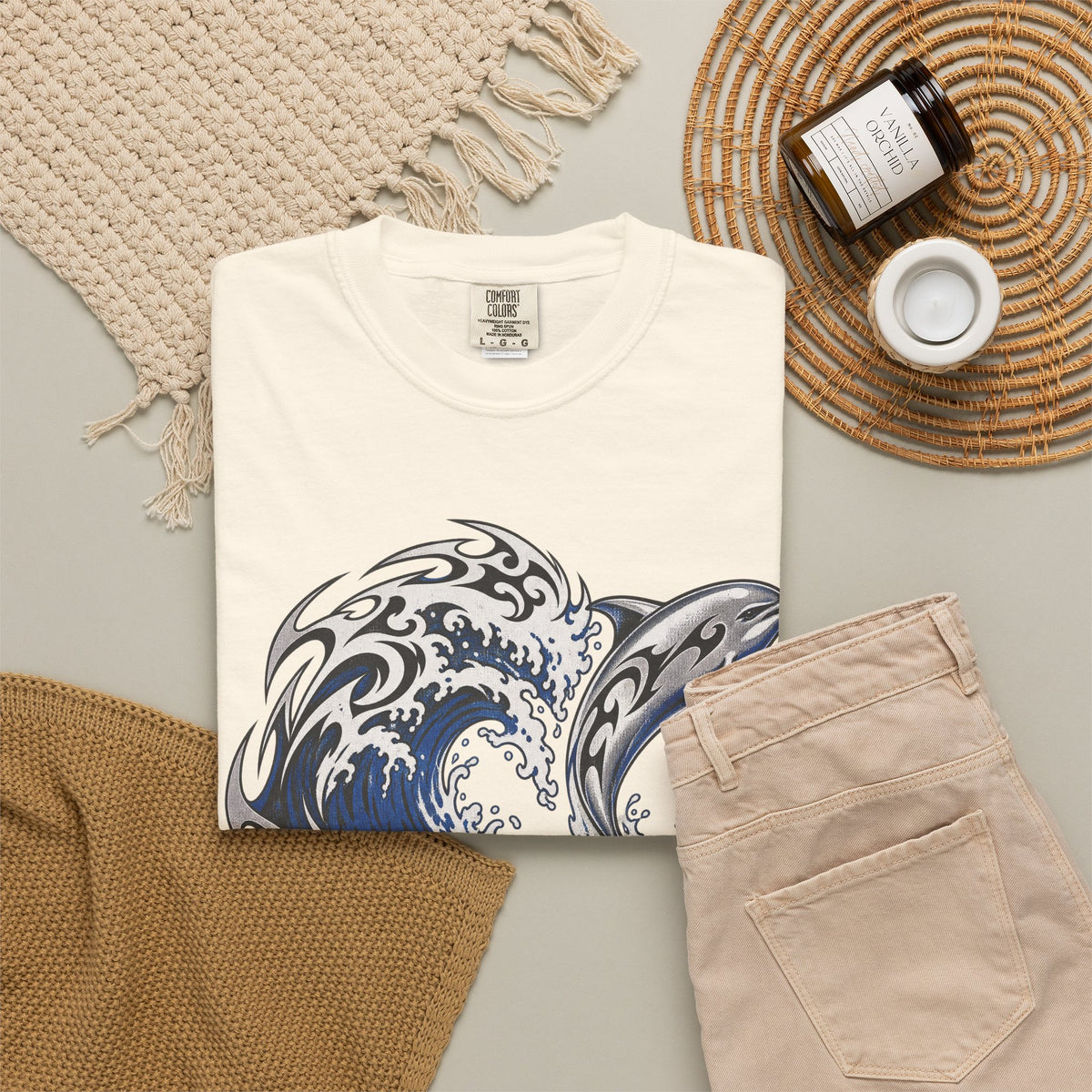 Tribal Flame Wave T-shirt in Ivory, flat lay view