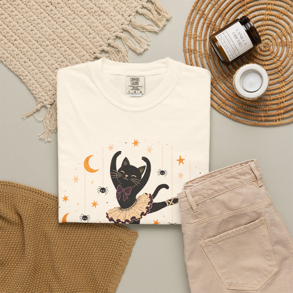 Black Cat Ballerina T-shirt in Ivory, flat lay view