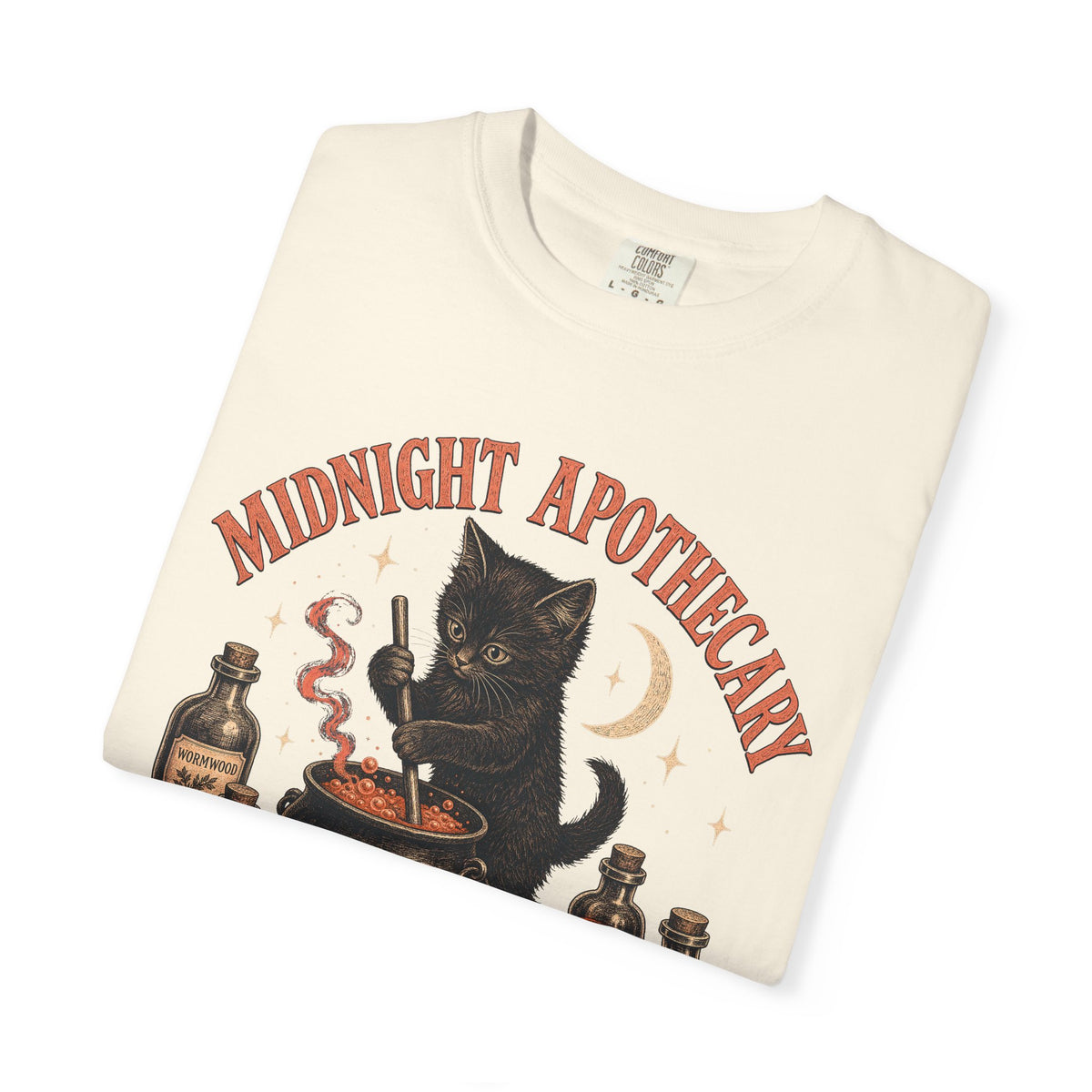 Black Cat Apothecary T-shirt in Ivory, folded view