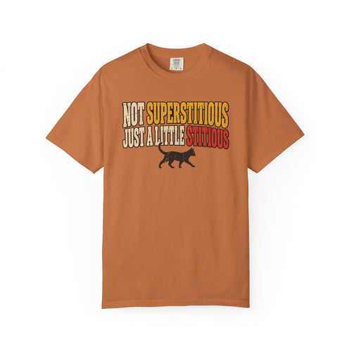 Not Superstitious Just A Little Stitious T-shirt in Yam, front view