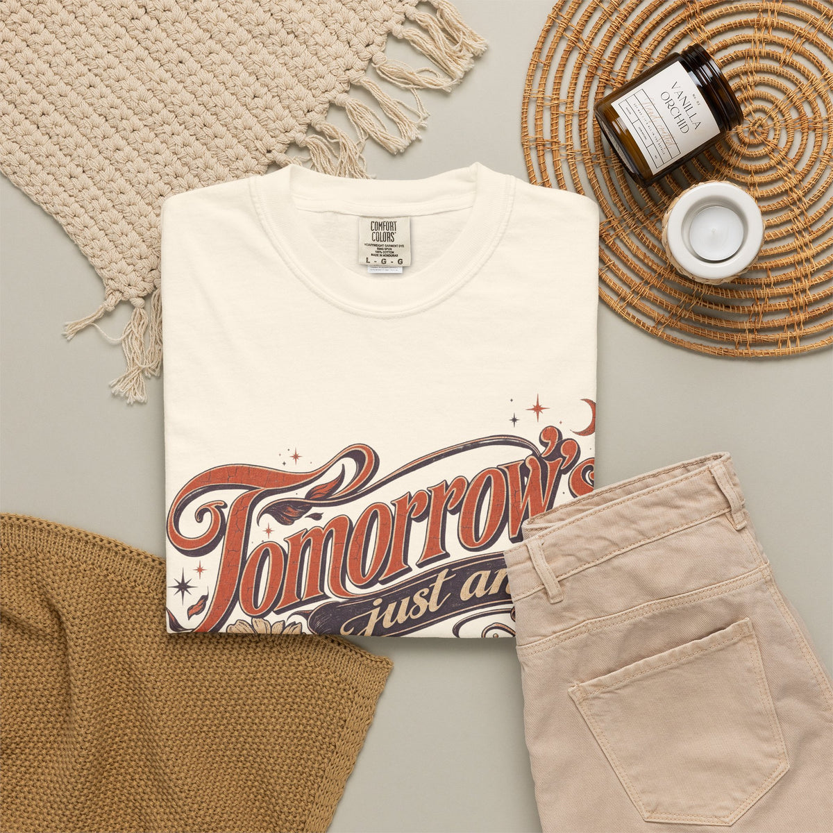 Tomorrow's Just An Excuse Away T-shirt in Ivory, flat lay view
