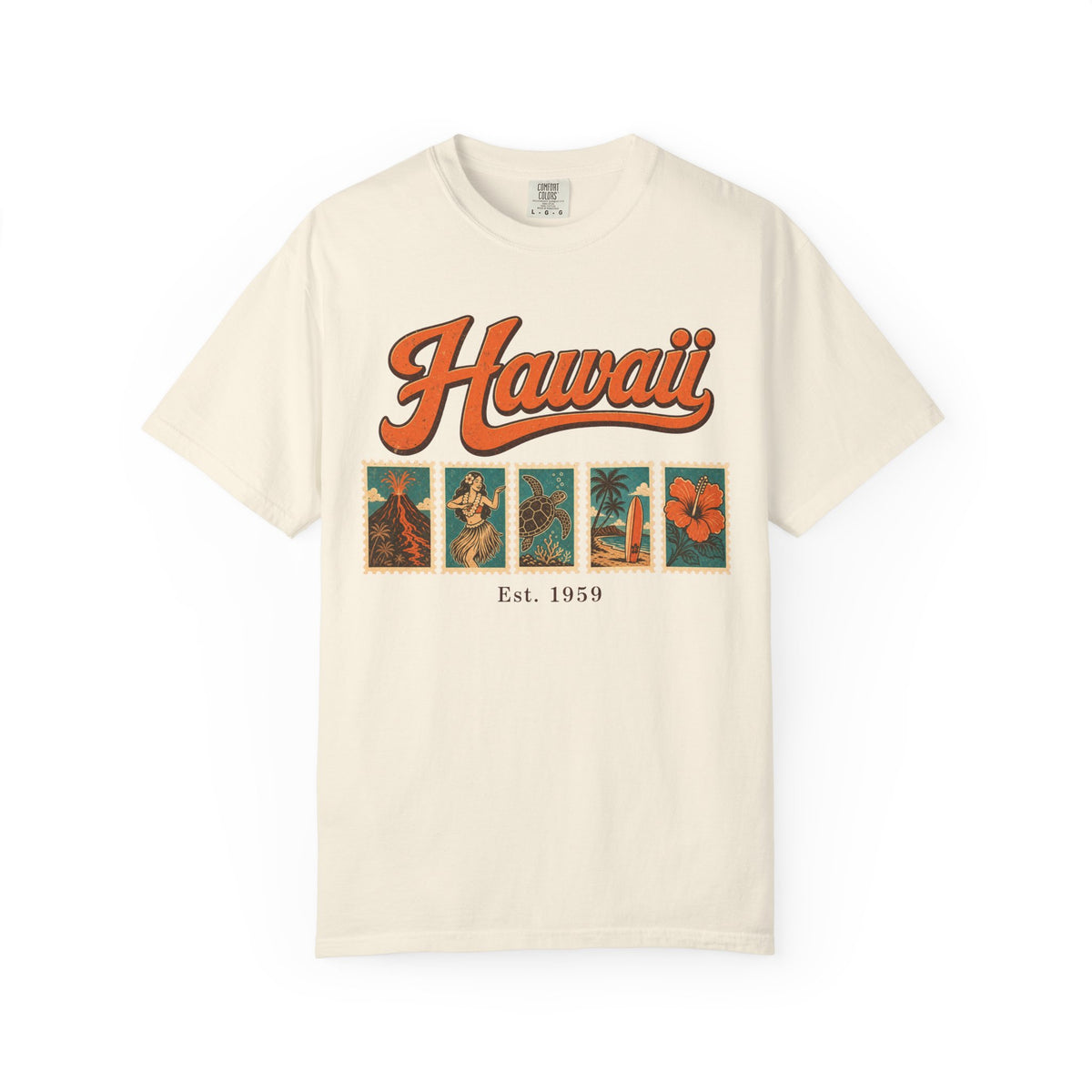 Hawaii Postage Stamp T-shirt in Ivory, front view