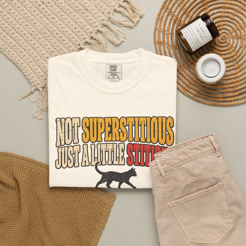 Not Superstitious Just A Little Stitious T-shirt in Ivory, flat lay view