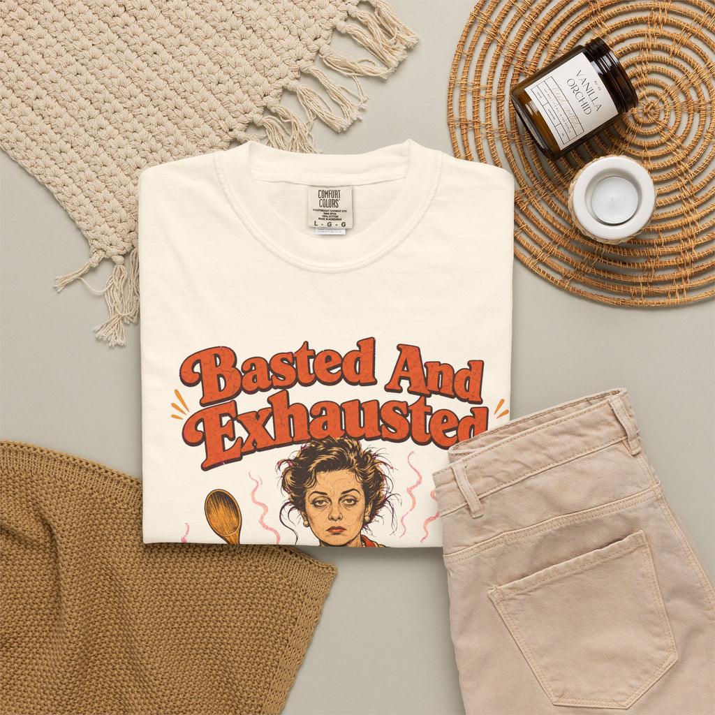 Basted And Exhausted T-shirt in Ivory, flat lay view