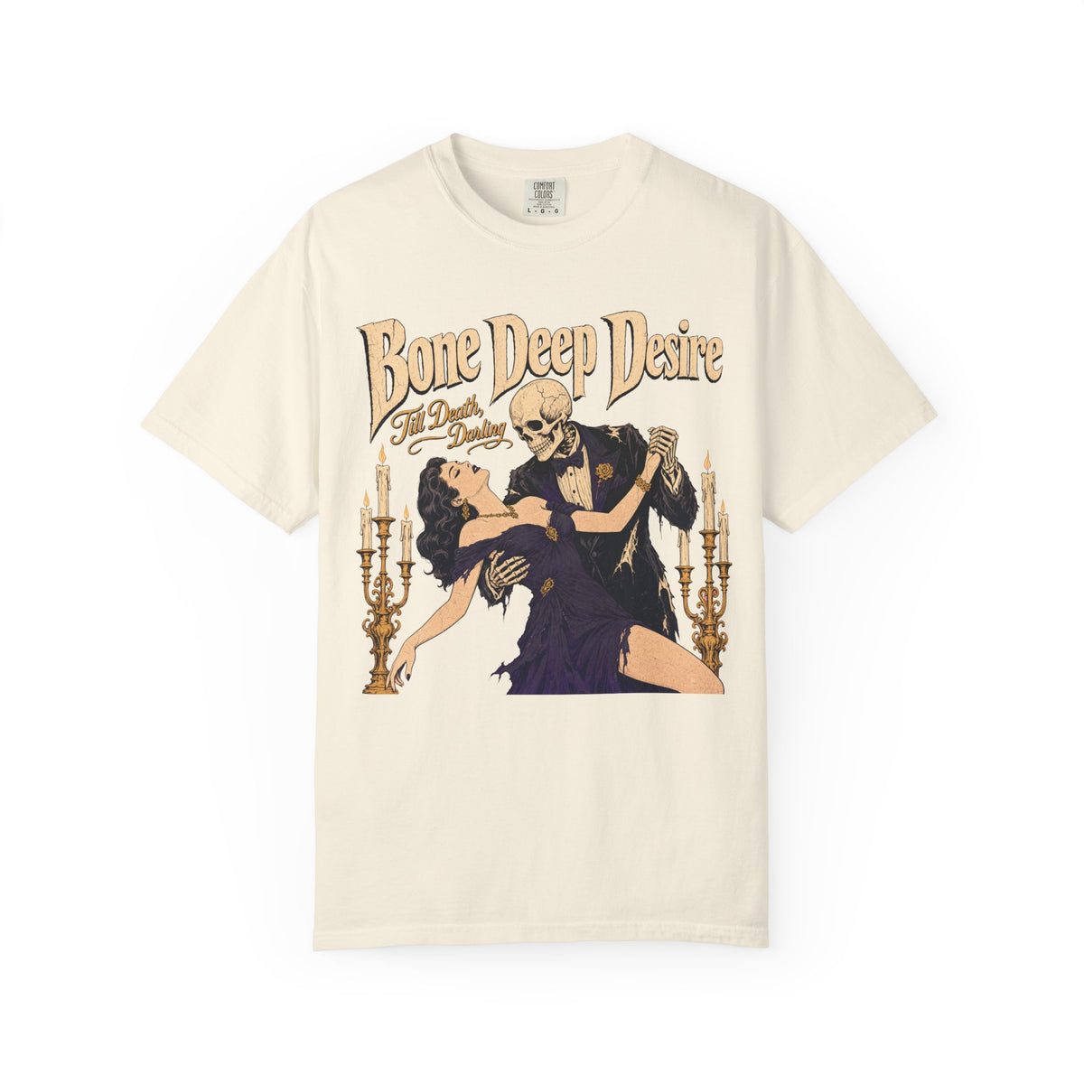 Bone Deep Desire Skeleton Romance Novel T-shirt in Ivory, front view