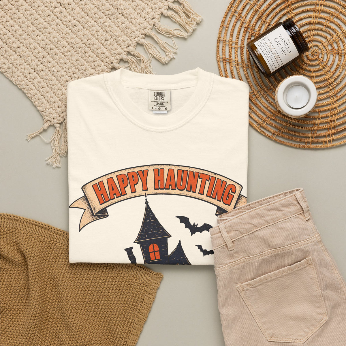 Happy Haunting Haunted House T-shirt in Ivory, flat lay view