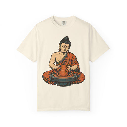 Buddha Pottery Wheel T-shirt in Ivory, front view