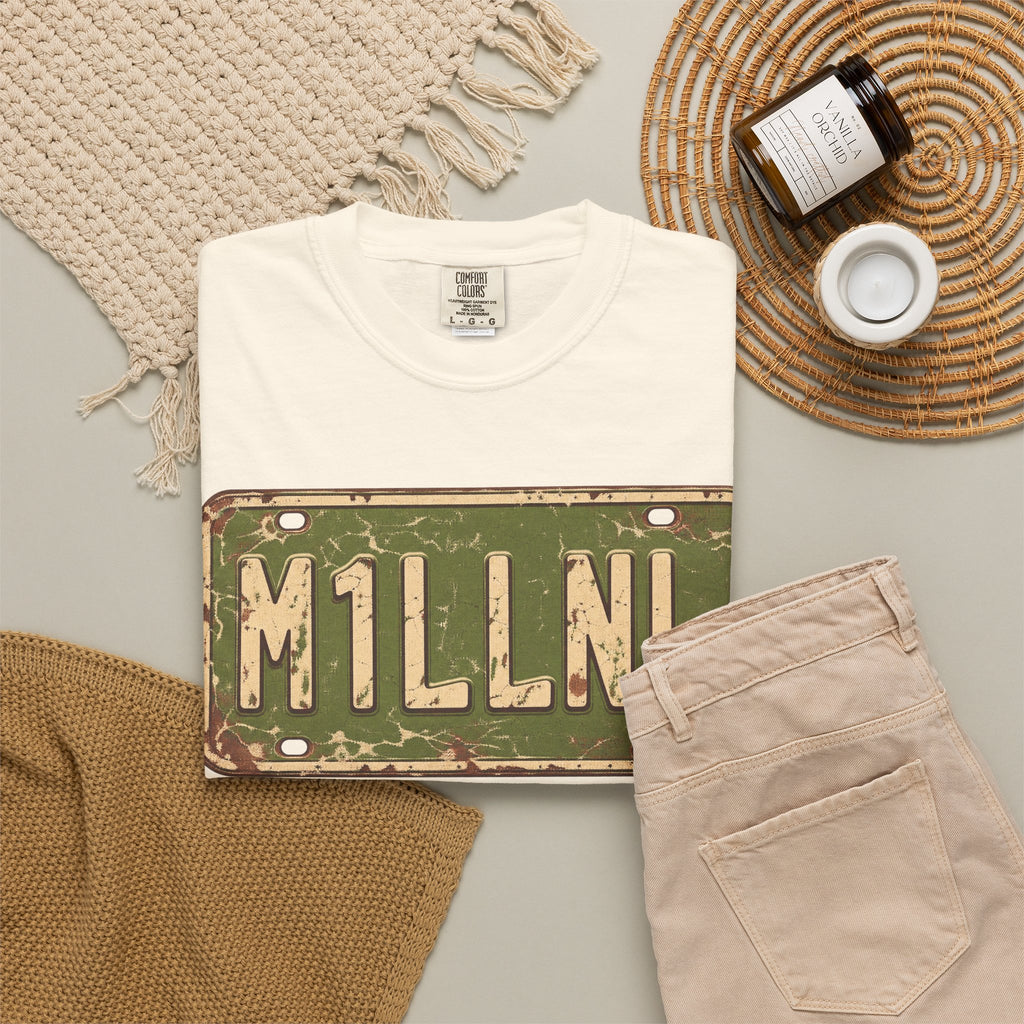 M1LLNL License Plate T-shirt in Ivory, flat lay view
