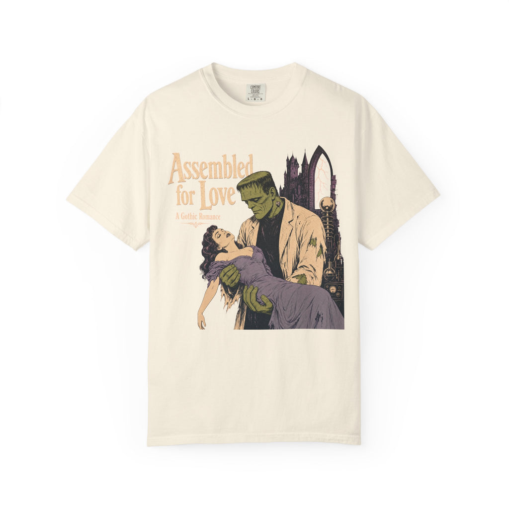 Assembled for Love Frankenstein Romance Novel T-shirt in Ivory, front view