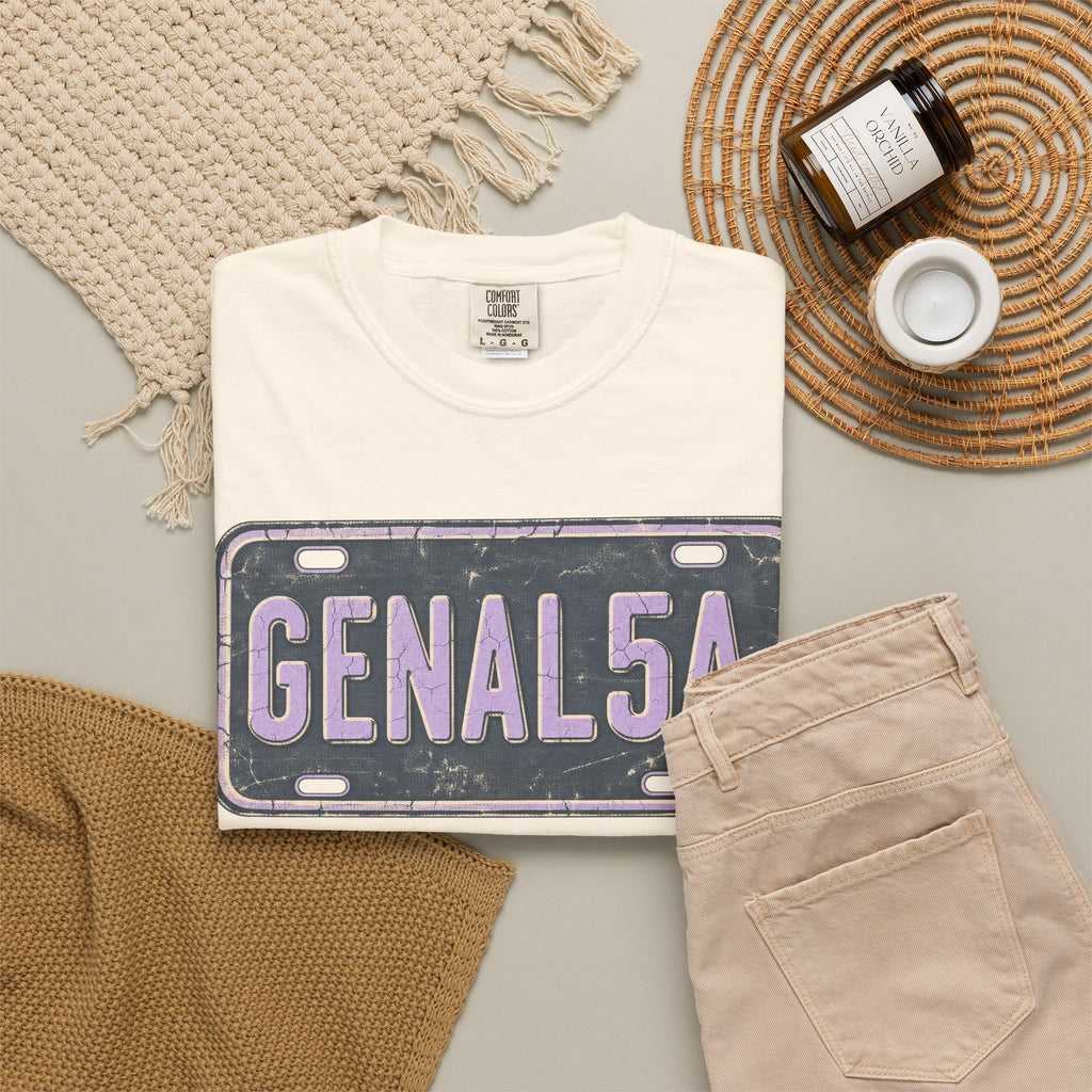 GENAL5A License Plate T-shirt in Ivory, flat lay view