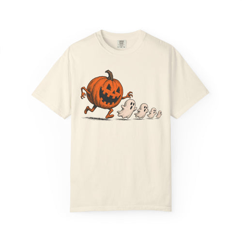 Jack-O-Lantern Chasing Ghosts T-shirt in Ivory, front view