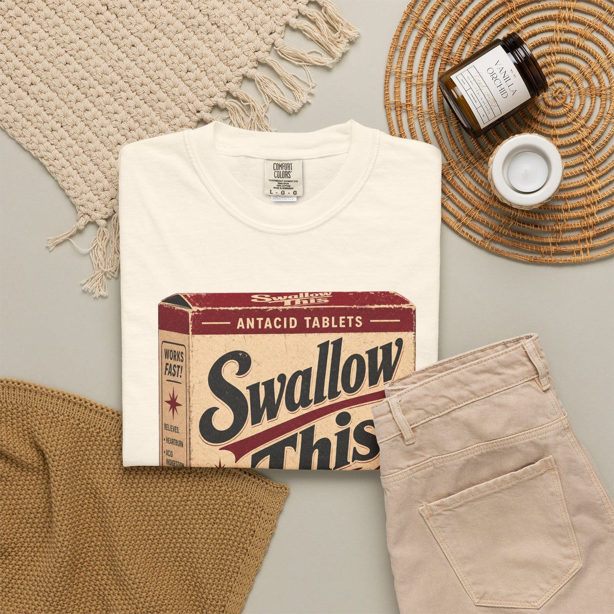 Swallow This Antacid Box T-shirt in Ivory, flat lay view