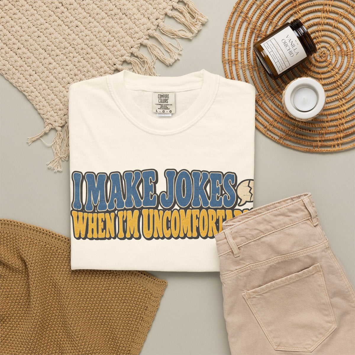 I Make Jokes When I'm Uncomfortable T-shirt in Ivory, flat lay view