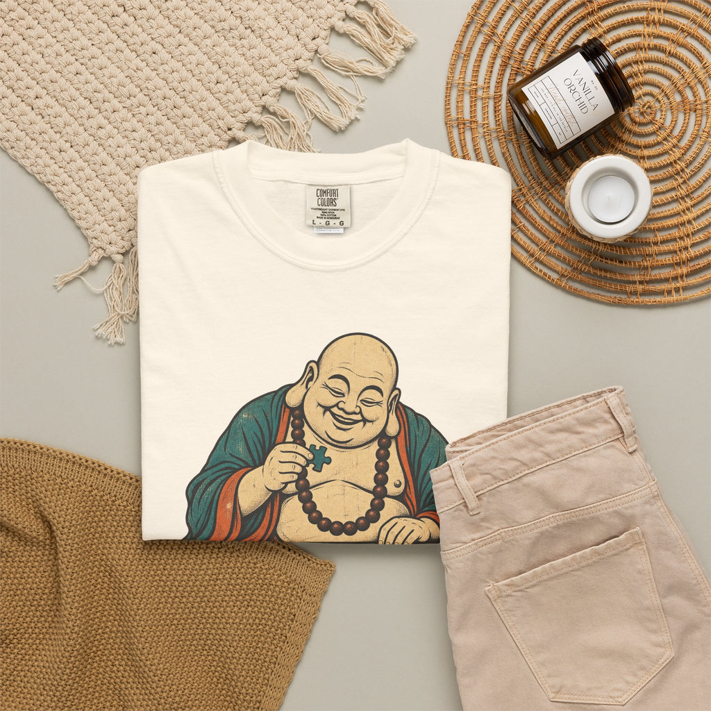 Buddha Jigsaw Puzzle T-shirt in Ivory, flat lay view
