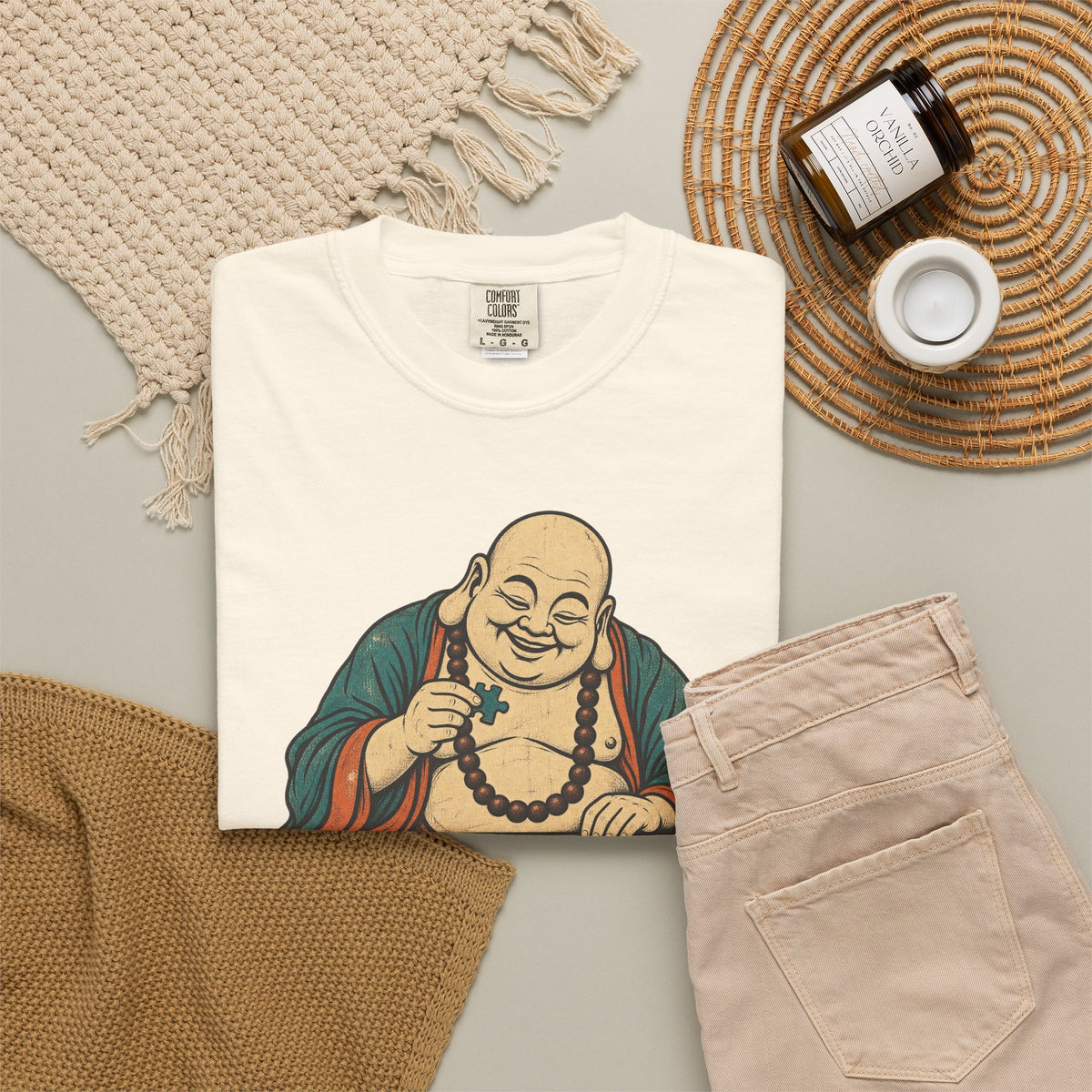 Buddha Jigsaw Puzzle T-shirt in Ivory, flat lay view
