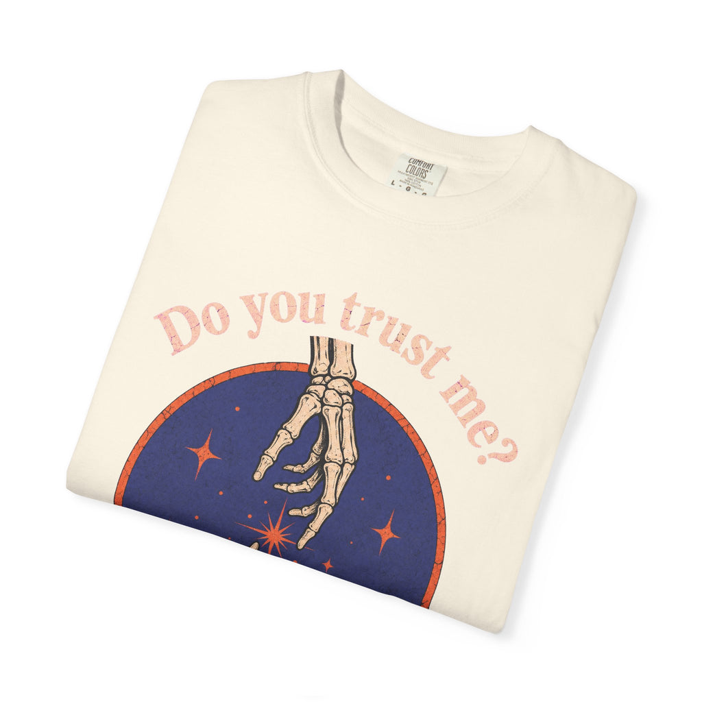 Do You Trust Me Skeleton Hands T-shirt in Ivory, folded view