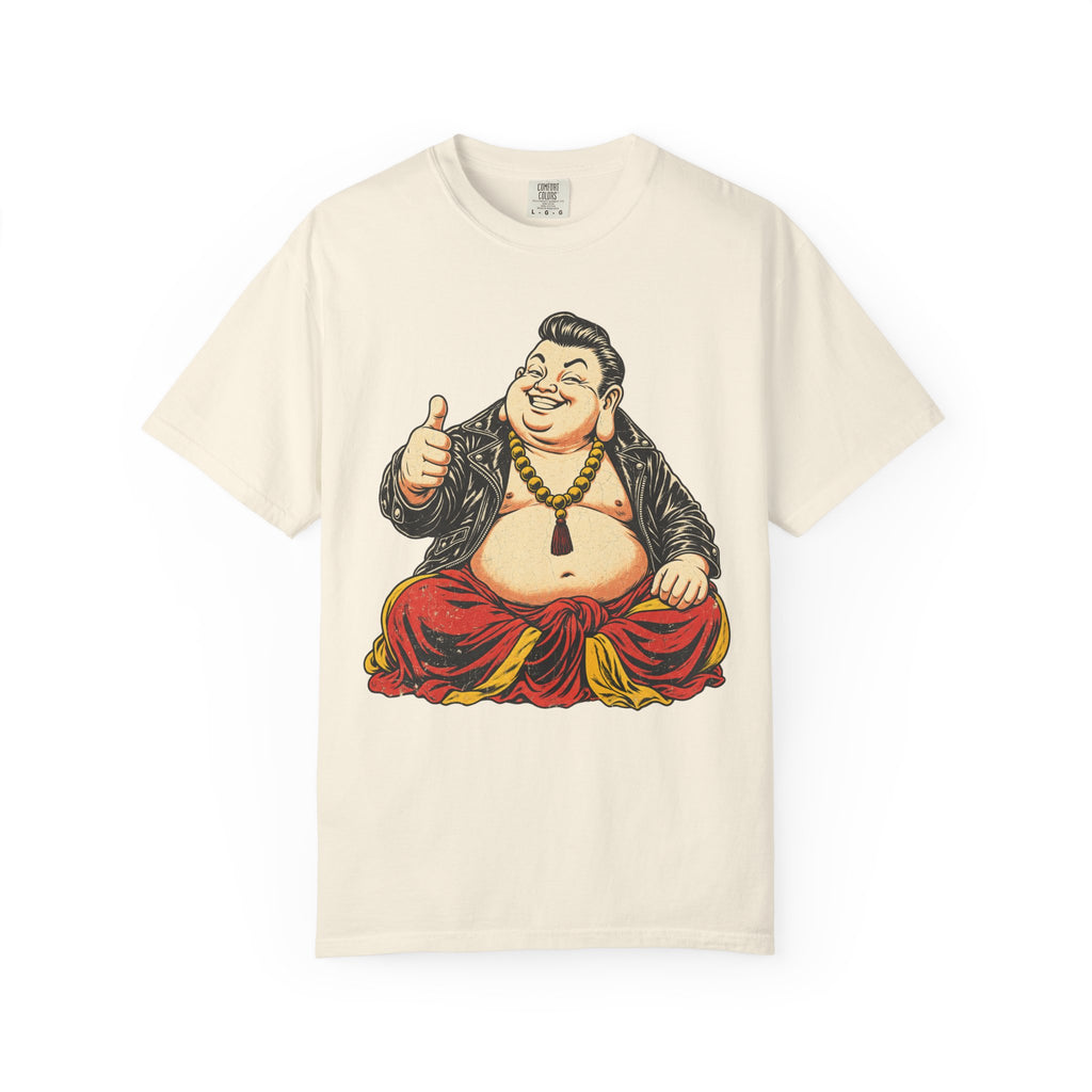 Buddha Leather Jacket Thumbs Up T-shirt in Ivory, front view