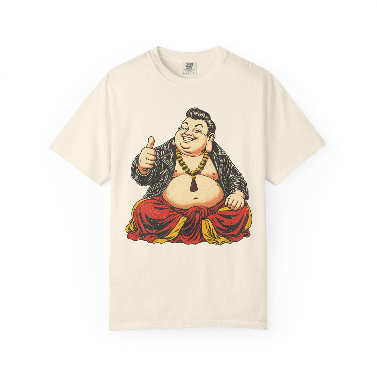 Buddha Leather Jacket Thumbs Up T-shirt in Ivory, front view