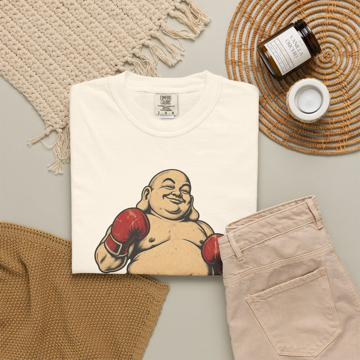 Boxing Buddha T-shirt in Ivory, flat lay view