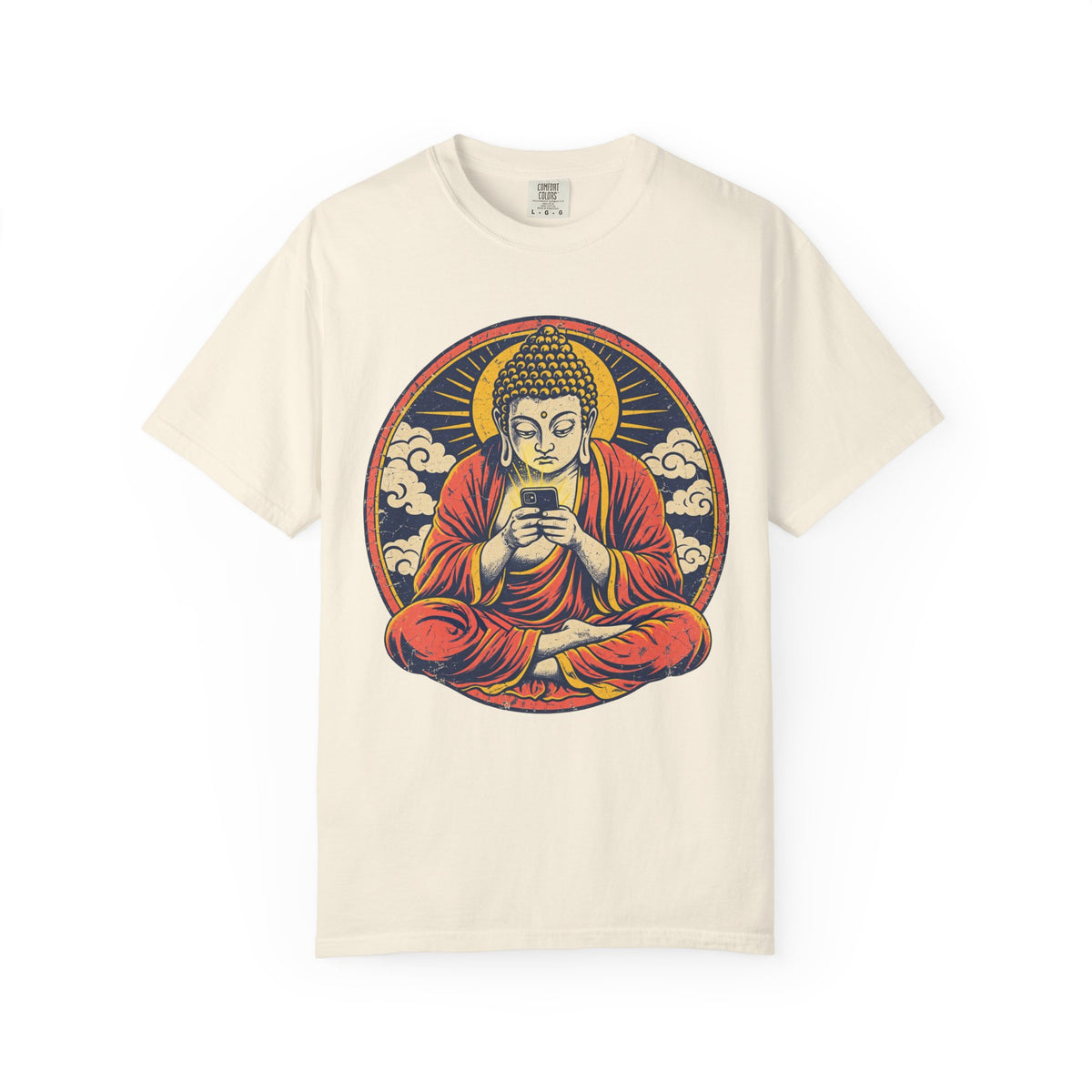 Doomscrolling Buddha T-shirt in Ivory, front view
