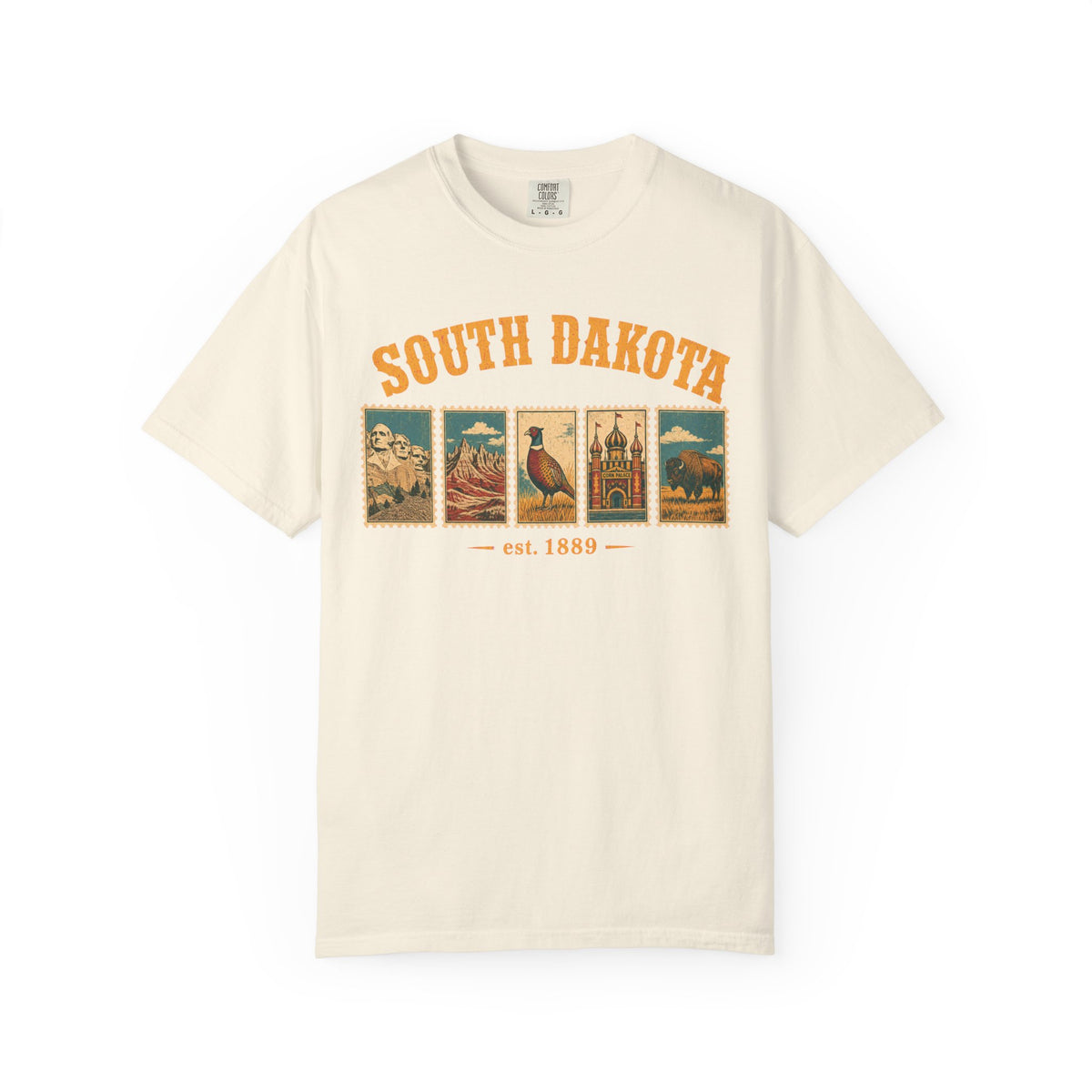 South Dakota Postage Stamp T-shirt in Ivory, front view