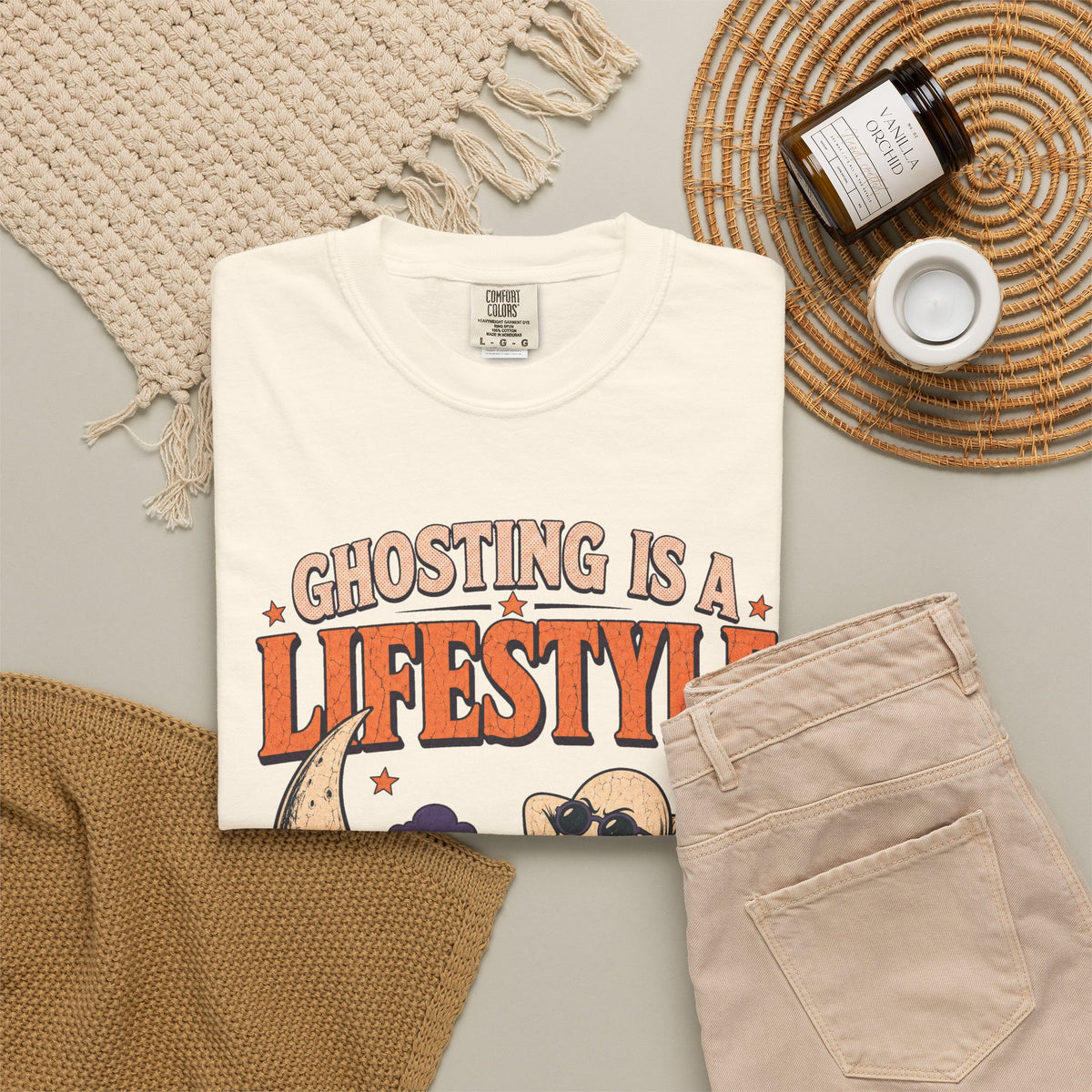 Ghosting Is A Lifestyle T-shirt in Ivory, flat lay view