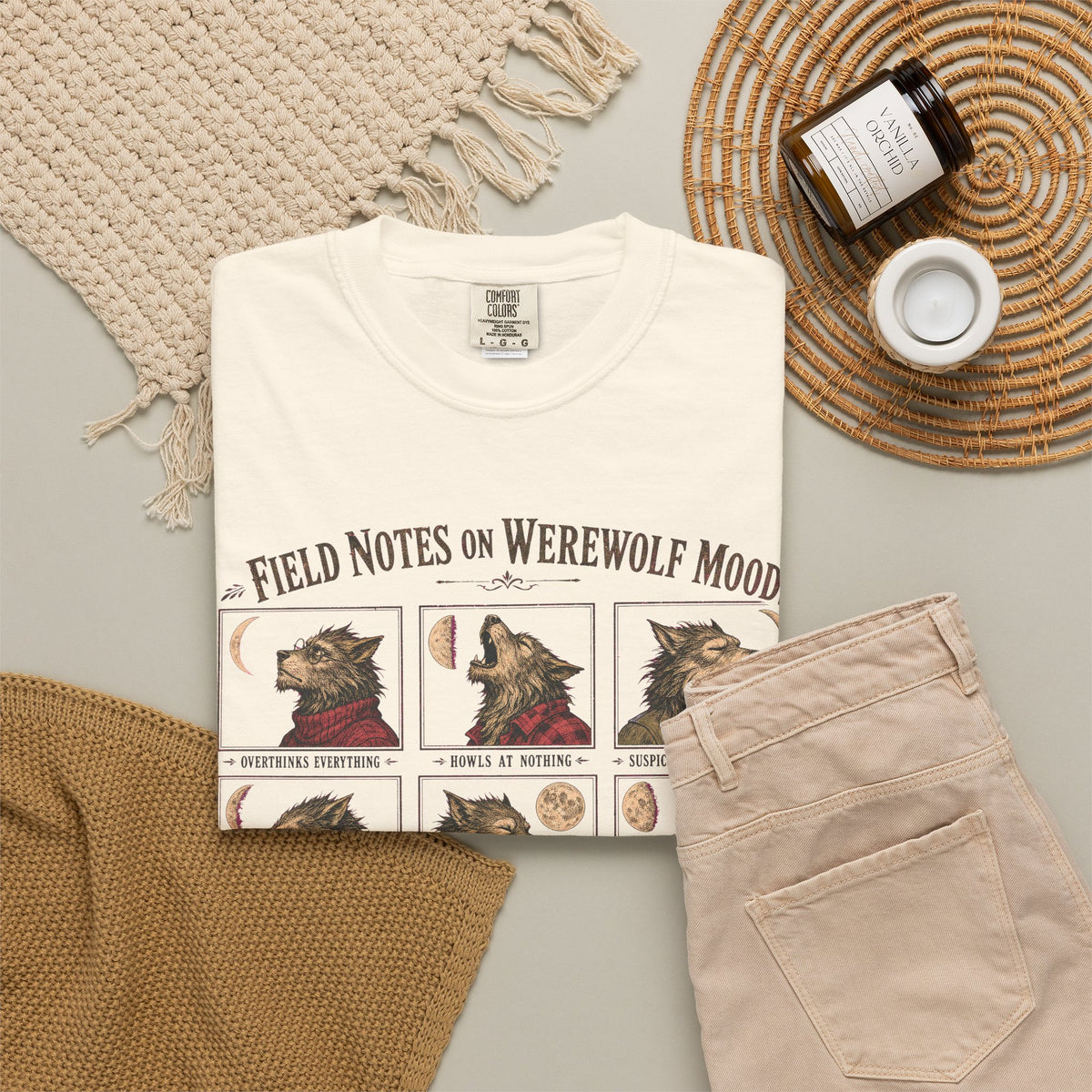 Werewolf Field Guide T-shirt in Ivory, flat lay view