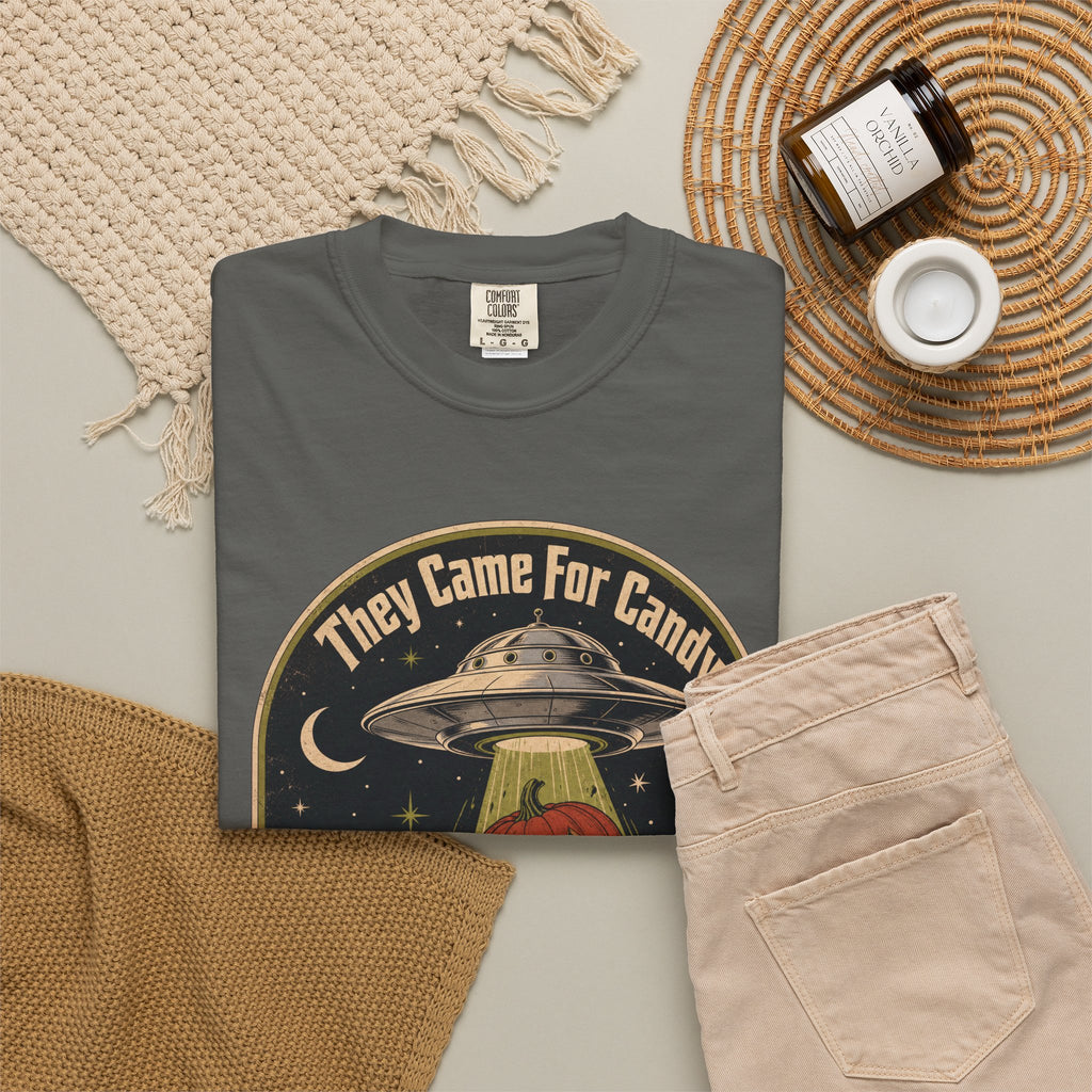 Halloween Film Parody T-shirt in Pepper, flat lay view