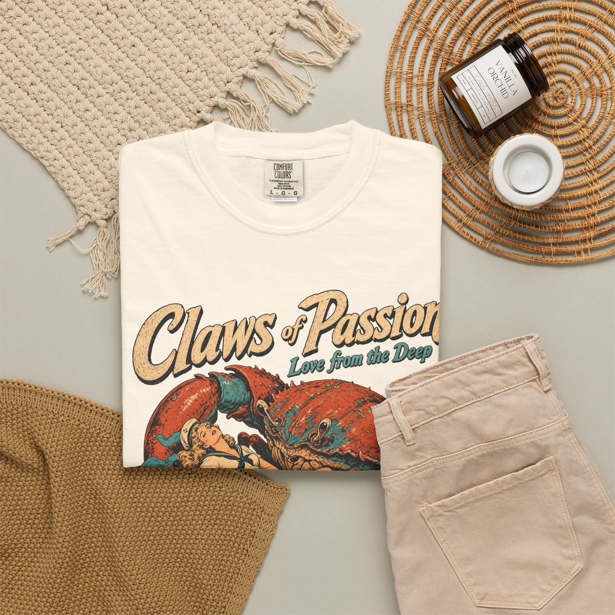 Claws of Passion Kaiju Crab T-shirt in Ivory, flat lay view