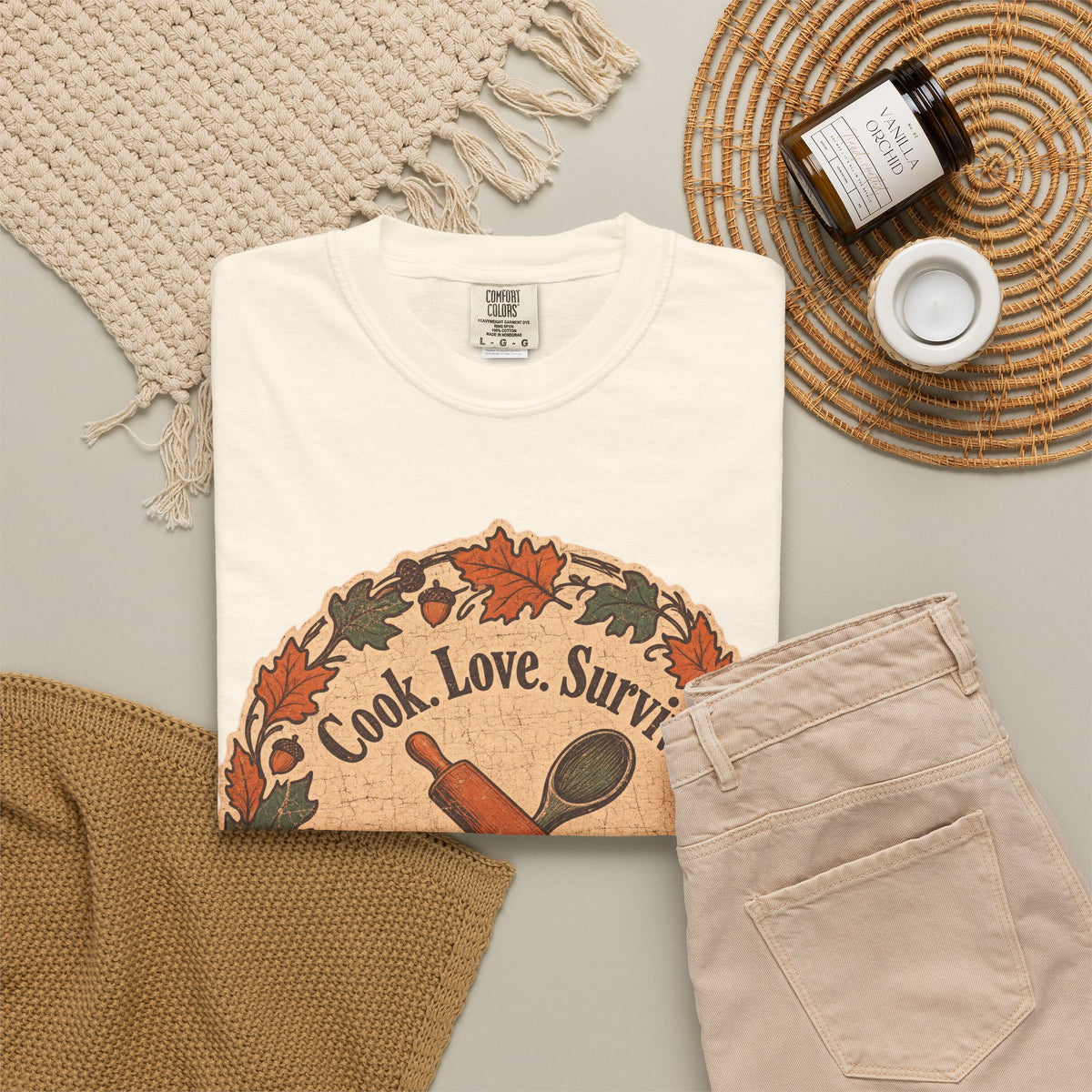 Cook Love Survive T-shirt in Ivory, flat lay view