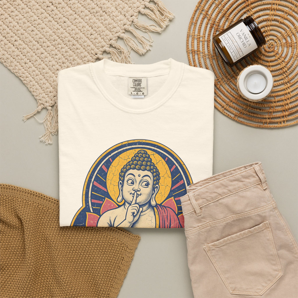 Shushing Buddha T-shirt in Ivory, flat lay view