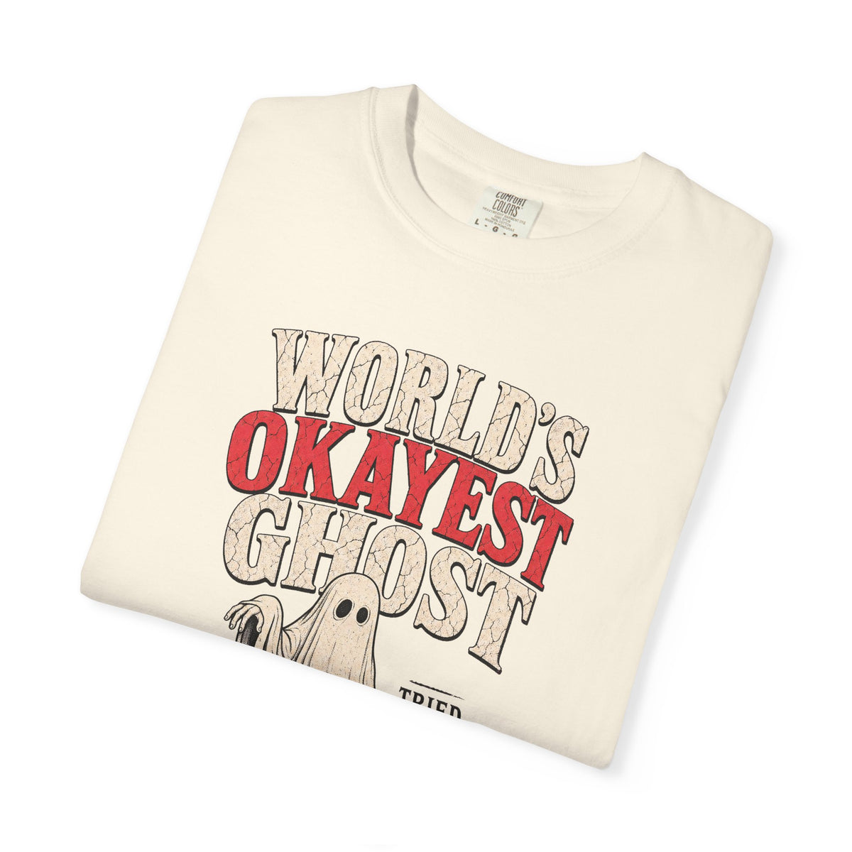 World's Okayest Ghost T-shirt in Ivory, folded view