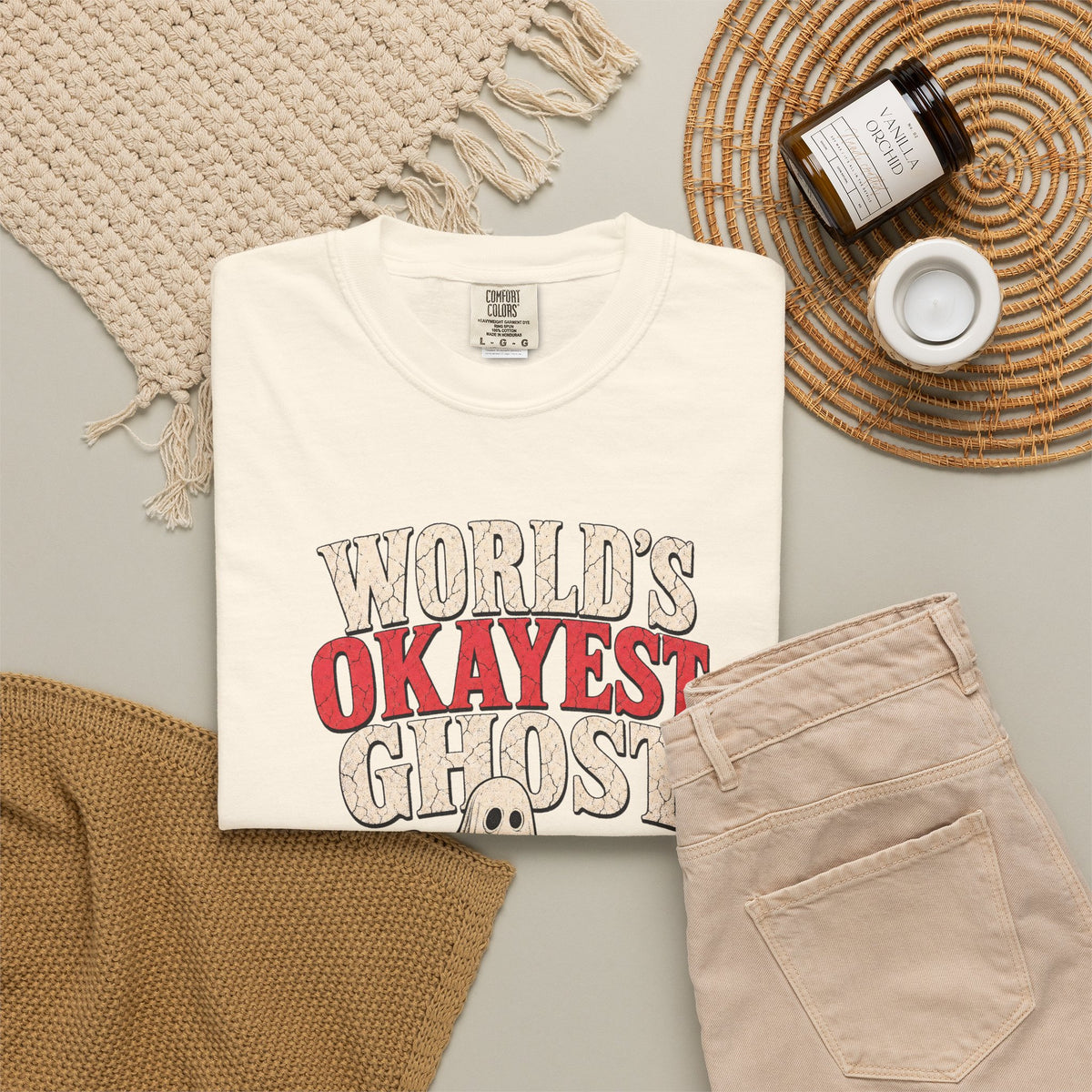 World's Okayest Ghost T-shirt in Ivory, flat lay view