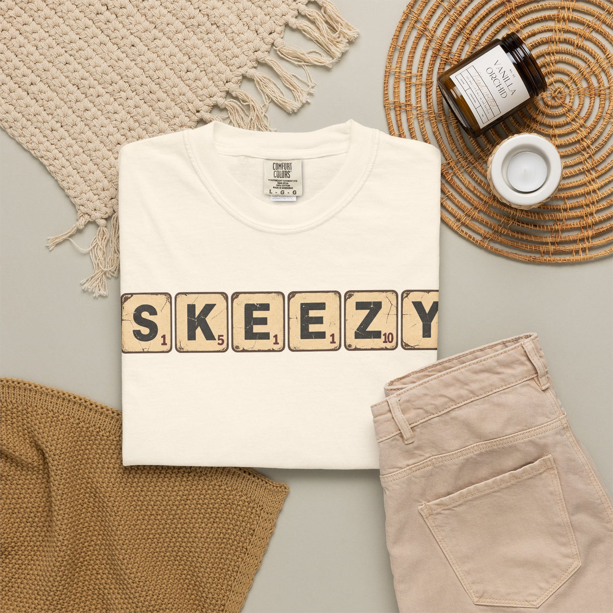 Skeezy Scrabble Tiles T-shirt in Ivory, flat lay view