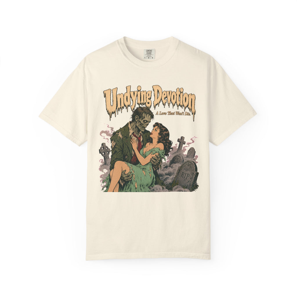 Undying Devotion Zombie Romance Novel T-shirt in Ivory, front view